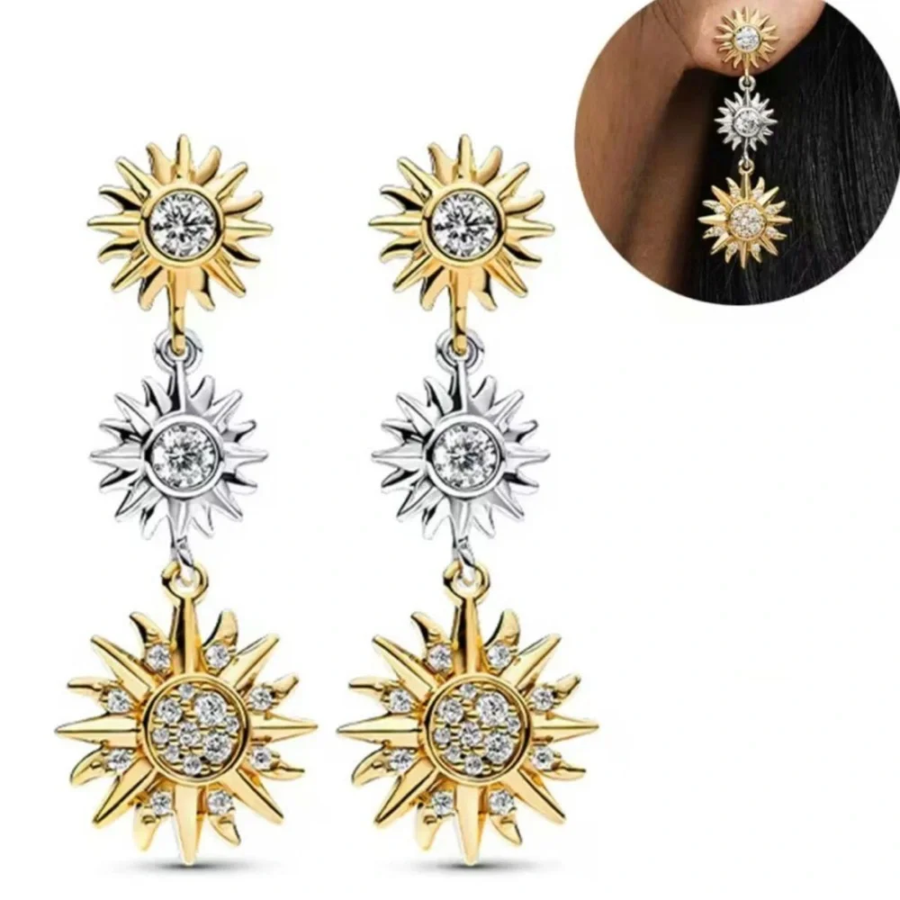 NEW Pandora Sun & Moon Gold and Silver Sunburst Earrings